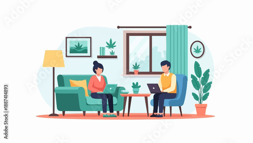 People working on laptops in a cozy room with plants