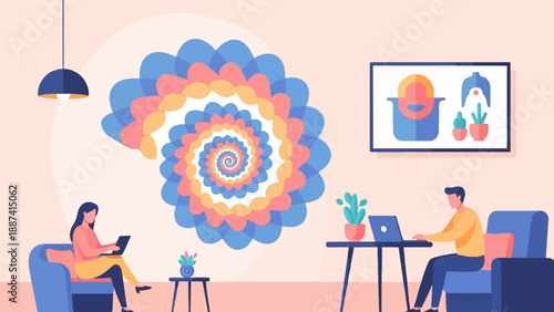 People working remotely in a room with abstract art and a ceiling lamp