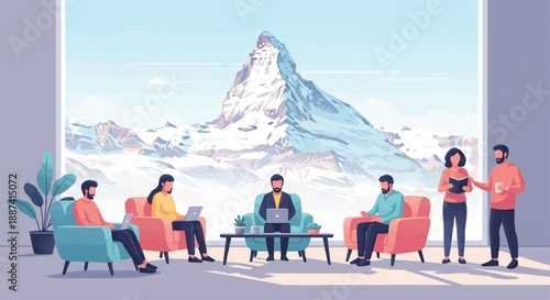 People relax in a cozy room with a majestic mountain view