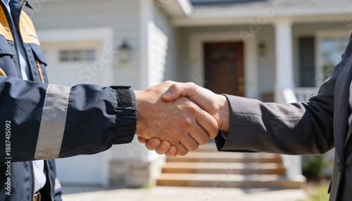 Close up handshake between home service contractor and client outside residential house partnership agreement for property inspection maintenance or renovation