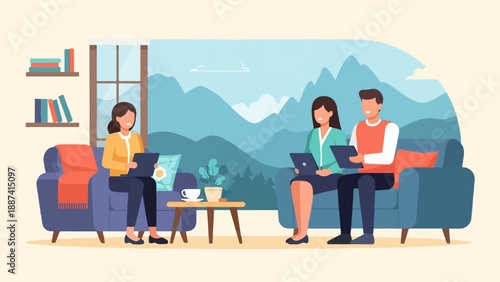 People working on laptops in a living room with a mountain view