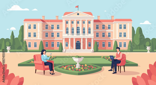 People relax in a garden in front of a grand building with trees