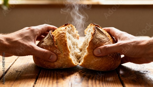 Hands breaking apart a steaming loaf of freshly baked artisan bread on a rustic wooden table, close-up