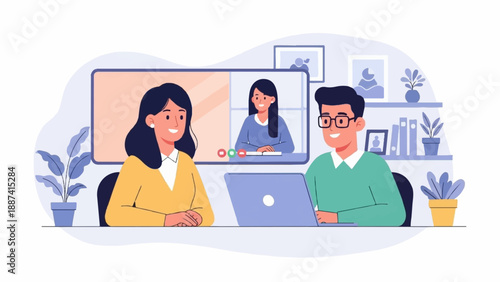 People in a video call, working together, with plants and bookshelves