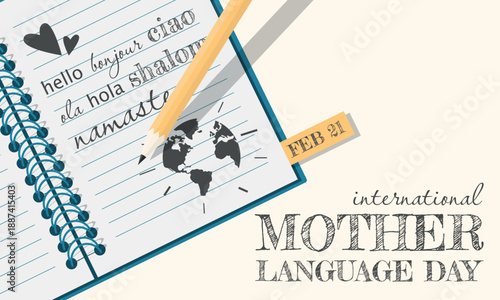 International Mother Language Day Template. All writing means hello in English