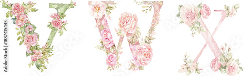 Floral Alphabet - V W X: Enchanting floral letters, elegantly crafted from an array of pastel flowers. This image exudes a sense of delicacy and romance. Perfect for invitations.
