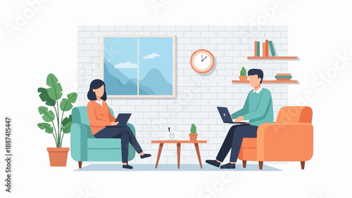 People working on laptops in a modern living room with plants and art