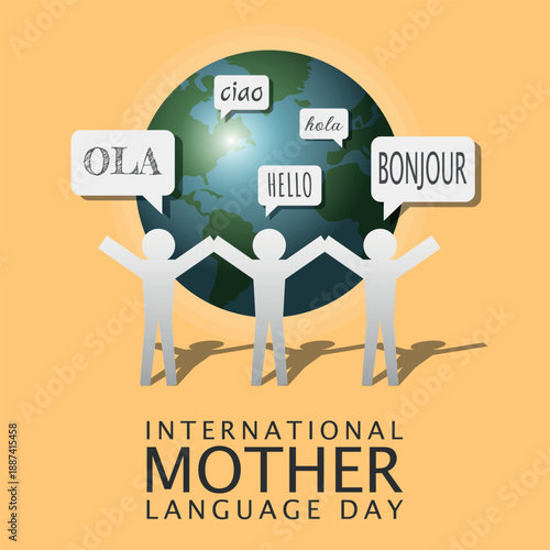 International Mother Language Day Poster. All text in speech bubble means hello