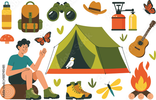 Camping Adventure Illustration Woman Relaxing Near Tent