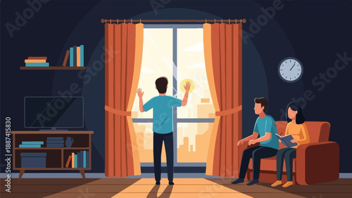 People in living room observing morning sun through window