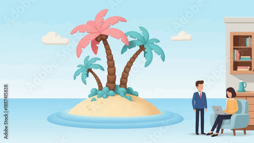 People working remotely on a tropical island, contrast between work and leisure