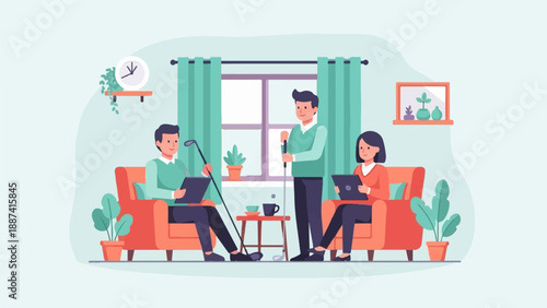 People in living room practicing golf and using tablets