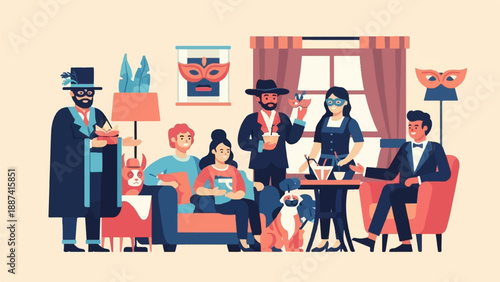 People in masks gather for a festive, masked event with dogs