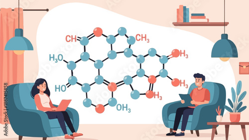 People in living room with molecular structure and laptop