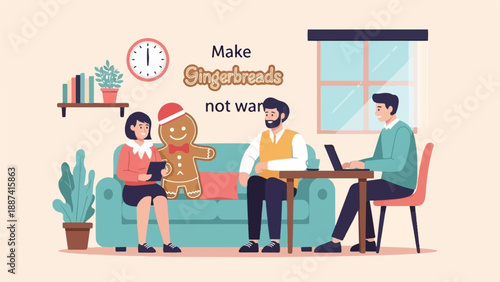 People in office enjoying Christmas, making gingerbread cookies