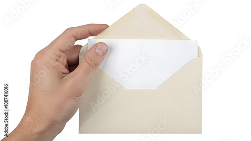Hand holding open envelope with blank card isolated on transparent background, png