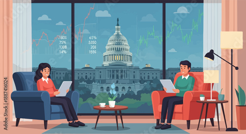 People inside, looking at stock market graphs displayed on a window