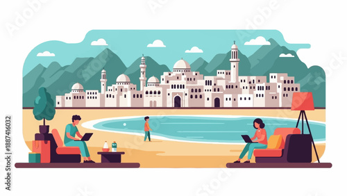 People working remotely on laptops at a beach with a white city backdrop