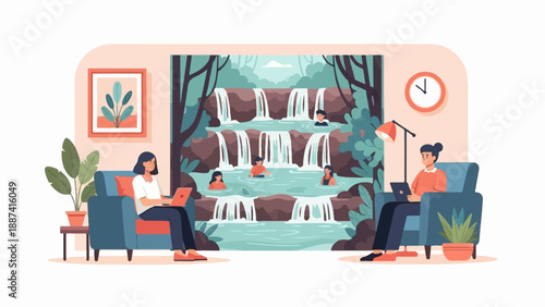 People relax indoors with a serene waterfall view and natural elements