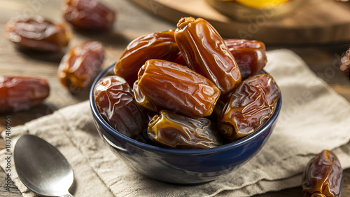 dates in a blue bowl on a wooden table
