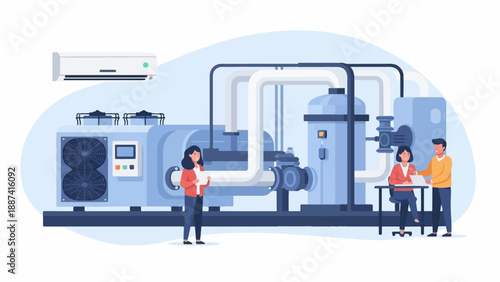 People inspecting industrial cooling system pipes and machinery