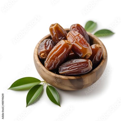 Dates in a wooden bowl with green leaves on white background