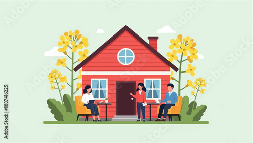 People interact outside a red house surrounded by yellow flowers