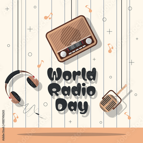 World Radio Day Poster. Old equipment in radio broadcasting