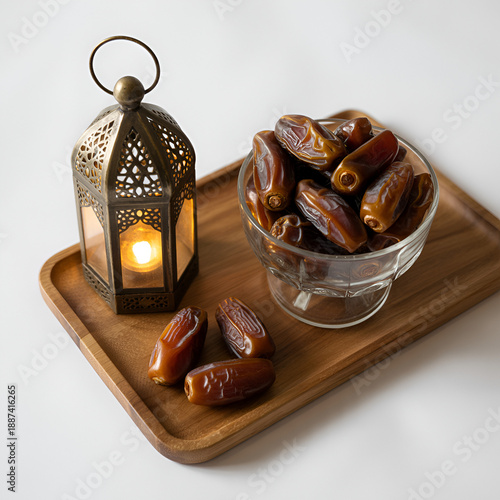 Dates in a glass bowl on a wooden tray with a lantern