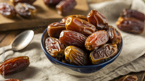 dried dates in a blue bowl on a table