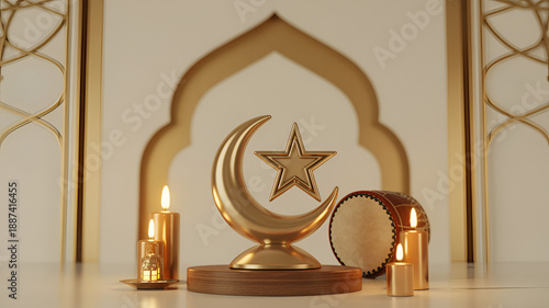 golden crescent moon and star with candles and drum