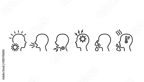 Medical Illness Symptoms Line Icons Set. Headache, Fever, Cough, Sore Throat, Runny Nose Vector