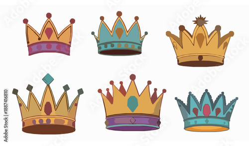 Cute Cartoon Gold Crown Icon Vector Set for Fun Illustrations and Stickers