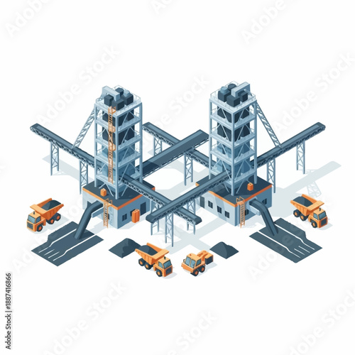 Industrial Mining Facility with Trucks and Conveyor Belts.