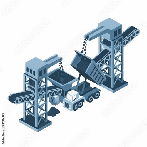 Industrial Mining Operation with Trucks and Conveyor Belts.