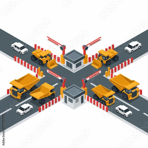 Isometric construction site intersection with heavy machinery and vehicles.