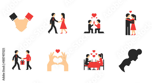 Romantic Relationship Vector Icon Set Featuring Wedding Proposals, Candlelight Dinners, Gift Giving, Heart Hand Gestures, and Loving Couple Silhouettes Design.