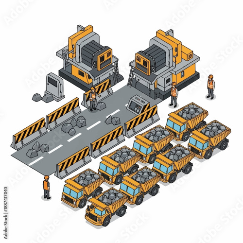 Isometric construction site with dump trucks and machinery.