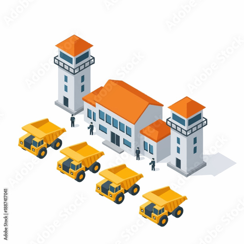Isometric Construction Site with Dump Trucks and Control Towers.
