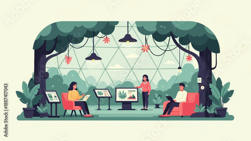 People interact with displays inside a geodesic dome filled with plants