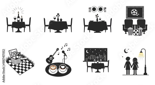 Romantic Date Night Icon Set Featuring Candlelit Dinner, Cinema, Picnic, Coffee with Music, City View Restaurant & Couple Walking Under a Streetlamp Silhouette.