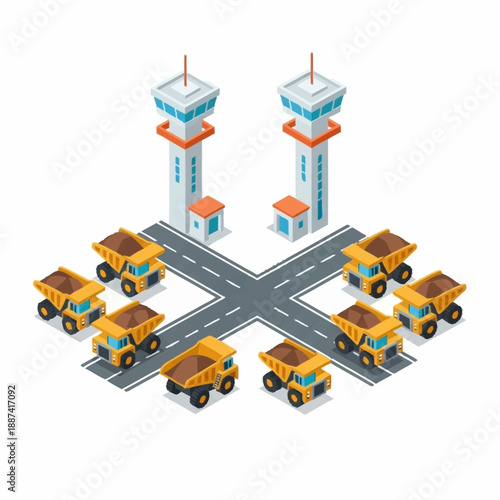 Isometric Construction Trucks and Airport Control Towers Illustration.