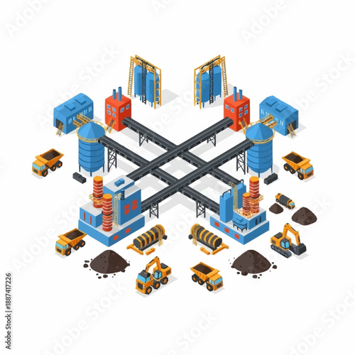 Isometric Industrial Complex with Trucks and Piles of Material.