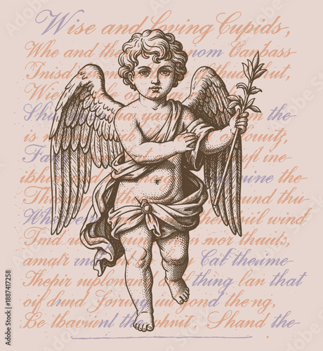 cute vintage cherub angels with wings in engraving style