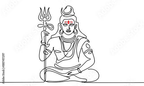 Lord Shiva continuous line art, Hindu God Mahadev sitting in meditation with Trishul, minimalist spiritual yoga vector illustration for wall decor and branding