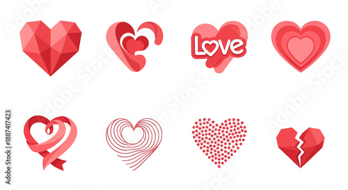 A diverse collection of eight unique red heart icons for Valentine's Day including low poly, ribbon, broken heart, and love typography on a clean white background.
