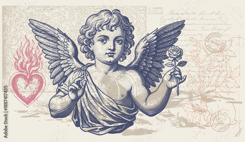 cupid illustration. Whimsical hand drawn vintage cherub collection with hearts, in engraving art
