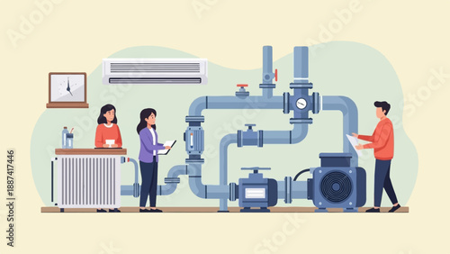 People interacting with a complex network of pipes, pumps, and an air conditioner