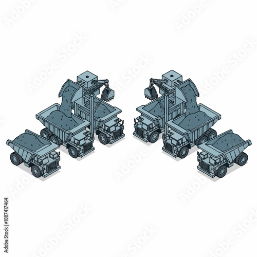 Isometric Mining Trucks and Excavators in Action.