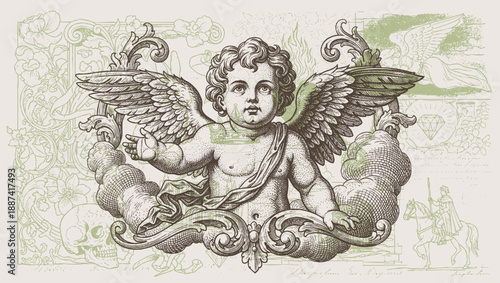 Foto cute vintage cherub angels with wings in engraving style